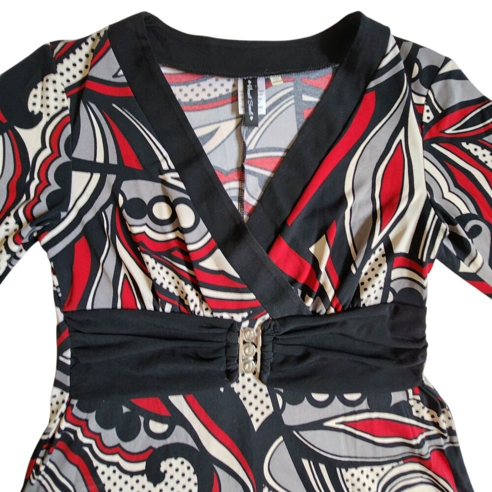 Heart Soul Red Black White Multicolor Swirl Print Faux Wrap 3/4 Sleeve Top Sz M - Picture 3 of 12